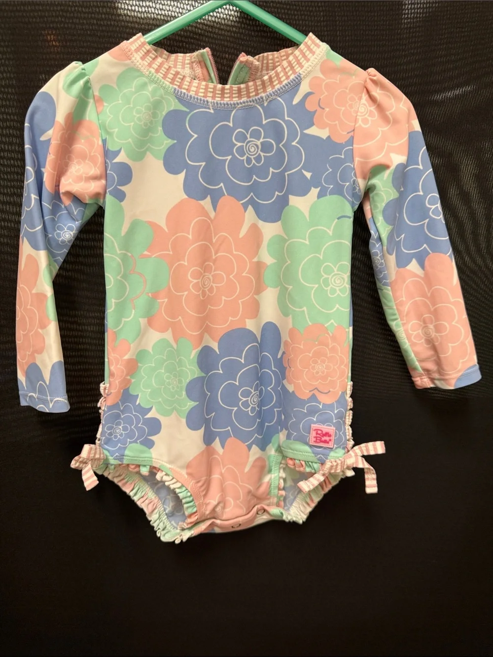 Ruffle Butts long-Sleeve Floral One-Piece Swimsuit - Pastel Pink/Blue/Green